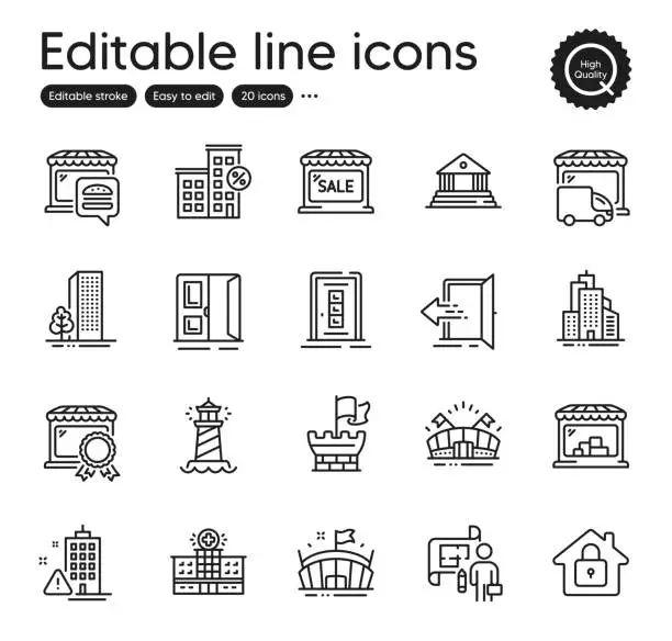 Vector illustration of Set of Buildings outline icons. Contains icons as Door, Lighthouse and Arena elements. For website, application. Vector