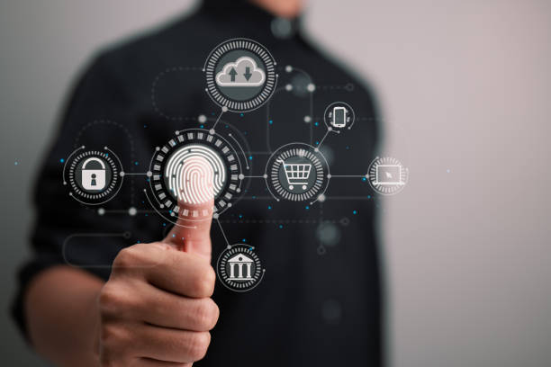 istock Online transactions, a businessman touching a fingerprint scanner gives a secure interface for payment, shopping, banking, and cloud computing network connection on a virtual screen. 1396407817