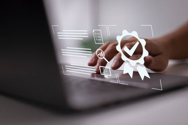 istock A businessman operating with the quality assurance, guarantee, standardization, ISO certification, and standardization idea as a hallmark of top service. 1396407838