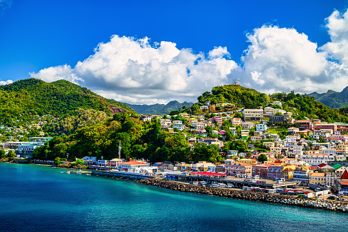 St. George's capital of the Caribbean island of Grenada seen from the sea