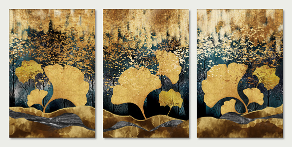 modern wall frame canvas art wallpaper. 3d feathers Ginko leaves with golden, black mountains in dark background. for wall home decorative and canvas print