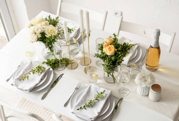 istock The wedding decor. Wedding table decoration with white roses 1396411093