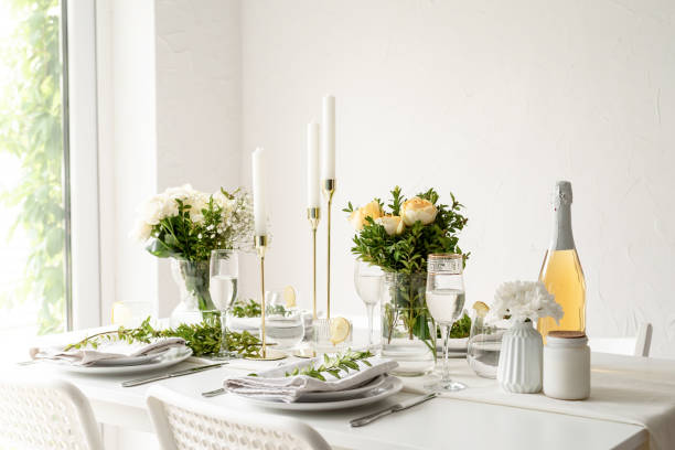 istock The wedding decor. Wedding table decoration with white roses 1396411126