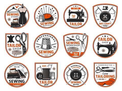 Tailoring and sewing industry icons, tailor shop or dressmaking atelier vector retro symbols. Dressmaker seamstress salon, handicraft tailoring workshop, clothes sewing studio icons