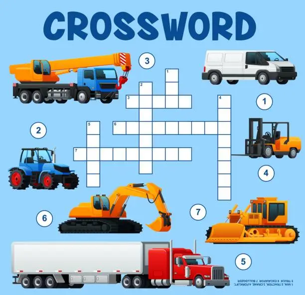 Vector illustration of Construction machines and transport crossword game