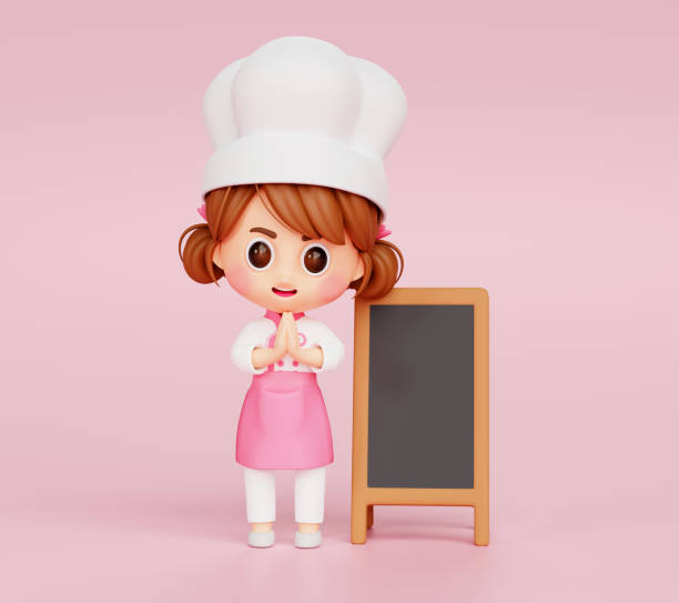 istock Cute chef girl in uniform hello gesture friendly greeting Paying standing with Blank chalkboard or Store shop menu welcome to restaurant mascot character logo on pink background 3d illustration cartoon 1396413170