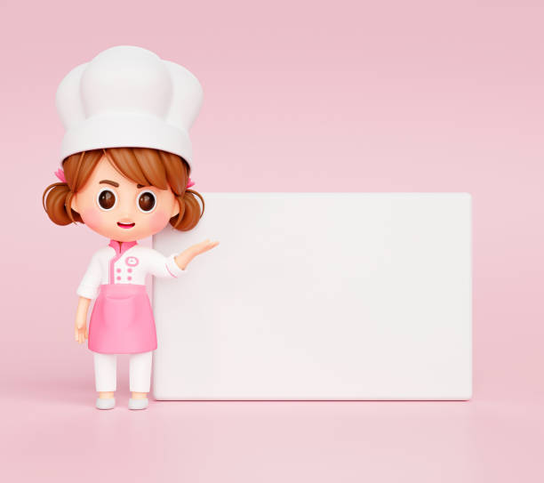 istock Cute chef girl in uniform points hands to presented to copy space restaurant mascot character logo on pink background 3d illustration cartoon 1396413189