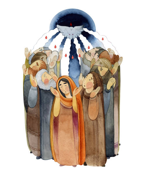 aquarellillustration herabkunft des heiligen geistes auf die apostel, dreifaltigkeitstag, pfingsten, pfingsten, pfingsten. bete männer und frauen, der heilige geist in form einer taube. christliche kunst - pfingsten stock-grafiken, -clipart, -cartoons und -symbole