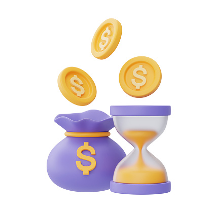 Time value of money concept with hourglass and coin bag,time management,long term investment,payment deadline,3d rendering.