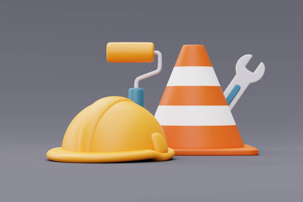 istock Construction tools and equipment,Safety helmet,roller brush,traffic cone,wrench,labour day.3d rendering 1396414792