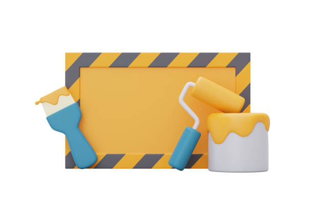 istock Happy labour day,Under construction sign with sponge roller,paint brush and paint,Construction tools.3d rendering 1396414883