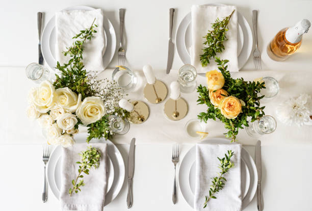 istock The wedding decor. Wedding table decoration with white roses 1396416160