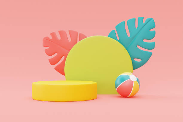 istock summer display with colorful inflatable ring,beach ball and palm leaves,3d rendering. 1396416212