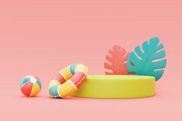istock summer display with colorful inflatable ring,beach ball and palm leaves,3d rendering. 1396416328