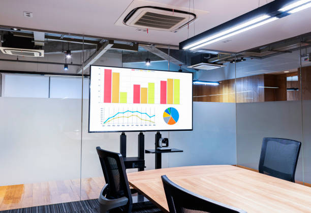 istock Mock up chart slide show presentation on display television in meeting room 1396416458