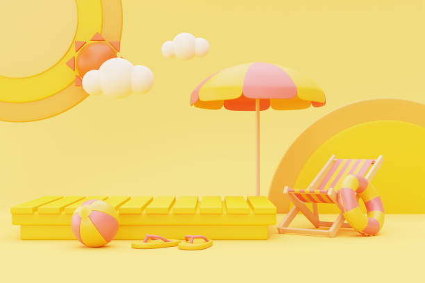 istock summer display with beach chair,umbrella and summer elements,3d rendering. 1396417679