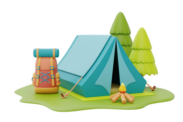 istock tourist camping tent and campfire with backpack on camping place,summer camp concept,3d rendering. 1396418144