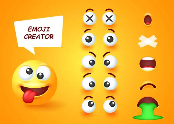 Vector illustration of Set for creating 3D emoji. Collection of editable elements to create different facial expressions of emoticon.