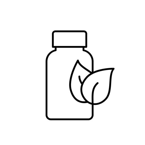 영양 보충제 병 라인 아이콘입니다. 식물 기반 의학. - nutritional stock illustrations