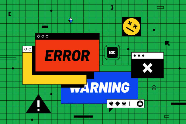 Computer warning and error concept vector illustration. Colorful illustration with pop-ups, computer keyboard escape key, emoji, warning icon, password, warning and error texts. mistake stock illustrations