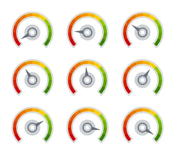Vector illustration of Flat rating meter. Speedometer, colorful quality scores. Pressure or speed, credit or stress rate. Isolated feedback or mood infographics exact vector elements