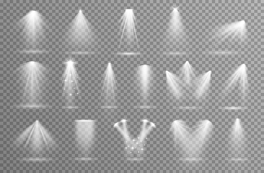Scene lights. Staging light for theater or show stage. Spotlight flares, shine abstract lamp rays. Projector effects glow, illumination exact vector collection