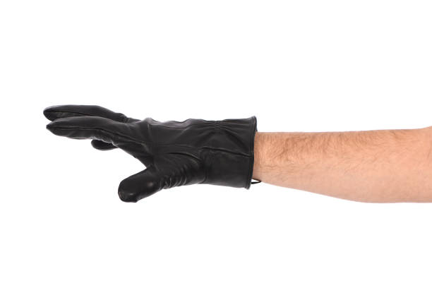 흰색 배경에 검은 가죽 장갑을 착용 한 남자, 클로즈업. - glove isolated leather black 뉴스 사진 이미지