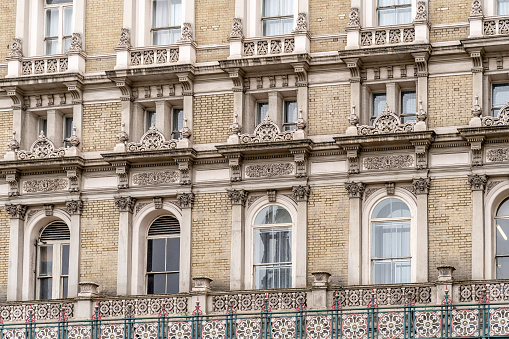 Close up detail, facades of an old building in London, England