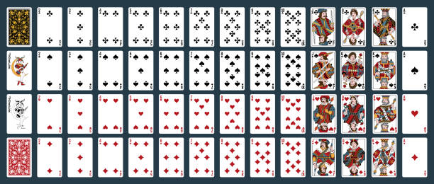ilustraciones, imágenes clip art, dibujos animados e iconos de stock de cartas de póquer, mazo completo -cartas clásicas - juego de póquer con cartas aisladas - poker cards royal flush leisure games