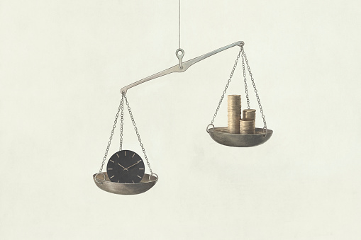 Illustration of comparison between time and money, surreal business concept