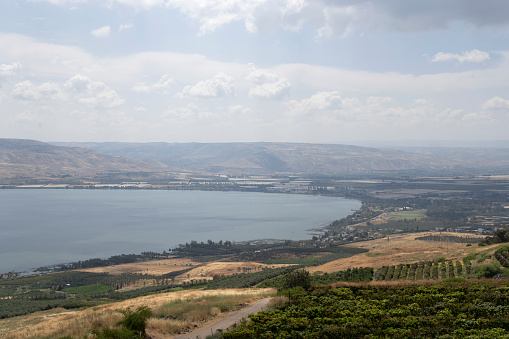 A photograph of the Sea of Galilee with the Golan Heights in the background and the settlements of the Sea of Galilee