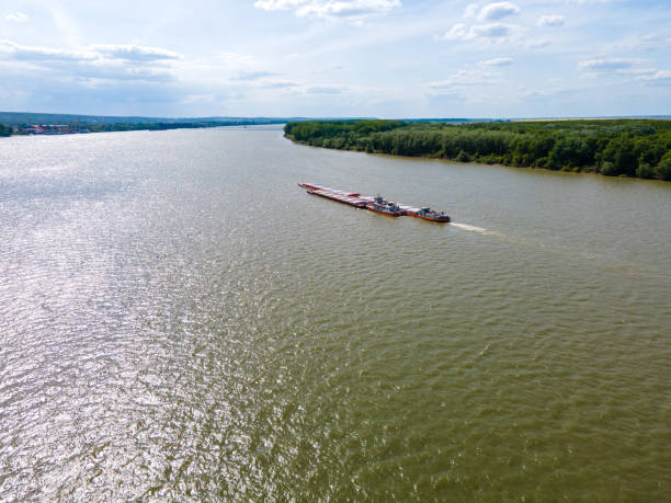 istock Aerial view of cargo boat on the river Danube 1396432117