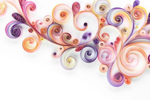Quilling paper curls and rolls banner in an abstract  panel with copy space. Filigree paper colored background. Quilling hobby examples. Quilling paper curls and rolls banner in an abstract  panel with copy space. Filigree paper colored background. Quilling hobby examples. paper quilling stock pictures, royalty-free photos & images