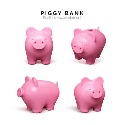 Realistic piggy bank set. Pink pig isolated on white background. Piggy bank concept of money deposit and investment. Vector illustration