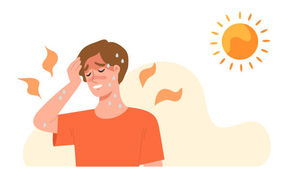 Young man at outdoor with hot temperature. Concept of exhausted, sunburn, summer day, high temperature. Heat stroke symptoms;  high body temperature, sweat, perspire, headache, red skin, dehydration. exhaustion stock illustrations