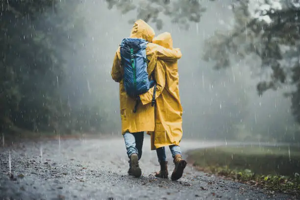 Rear view of loving couple in yellow raincoats hiking through park on a rainy day. Copy space.