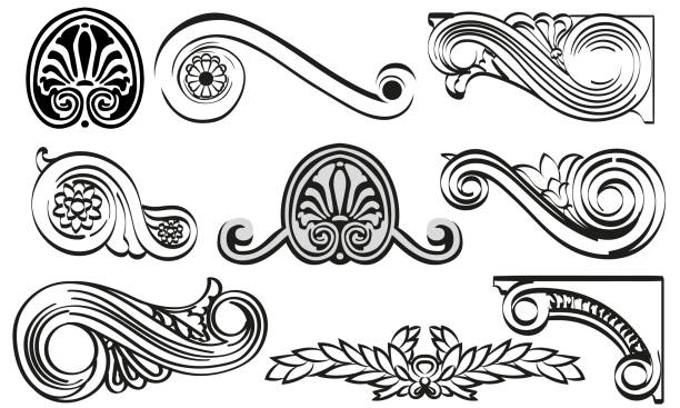 ilustraciones, imágenes clip art, dibujos animados e iconos de stock de elementos de diseño de detalles arquitectónicos vintage. antigua columna y cartucho de estilo clásico barroco. - architectural detail illustrations