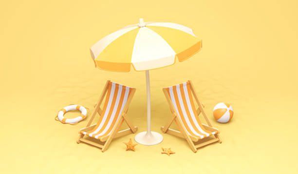 istock Summer Concept, beach umbrella, striped beach chairs 1396439325