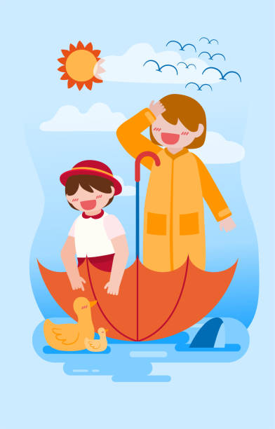 istock Big isolated cartoon character vector illustration of Cute kids playing in rain out side home , flat illustration 1396439372