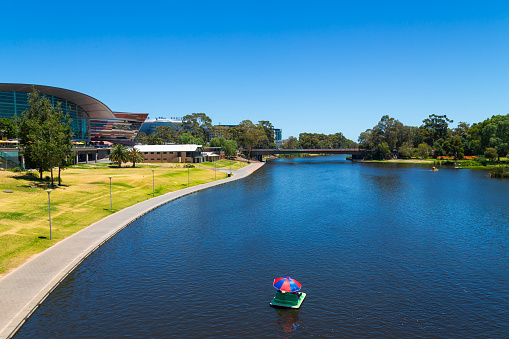 Wide area of River Torrens before it narrows and trickles out to sea in western Adelaide