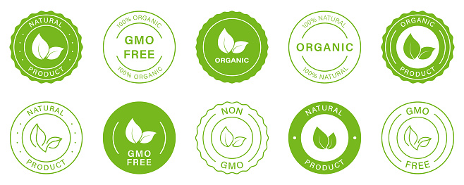 Gmo Free Silhouette Icon. Non Gmo, Vegan Food Glyph Green Badge. Healthy Symbol Set. Organic Bio Product Label. 100 Percent Ecology Natural. Eco Stamp Logo. Isolated Vector Illustration.