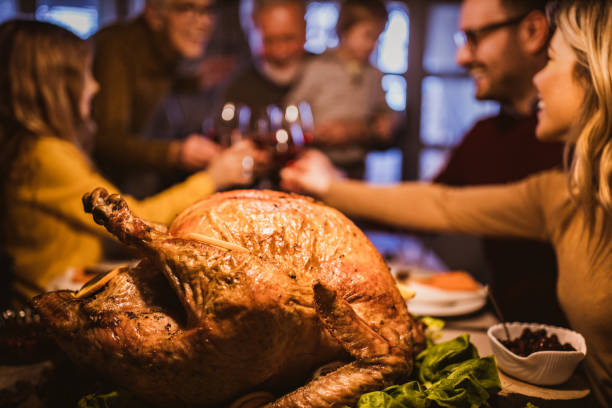 istock Close up of Thanksgiving turkey on dining table. 1396440702