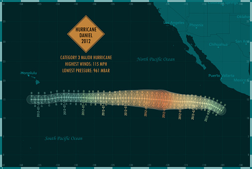 Hurricane Daniel 2012 Track Eastern Pacific Ocean Infographic. Map projection: World Miller Cylindrical. All source data is in the public domain. NOAA's International Best Track Archive for Climate Stewardship (IBTrACS) data. Countries and Boundaries: Made with Natural Earth.