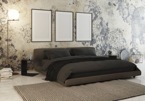 3d illustration bedroom large bed with dark sheets - accent wall imagens e fotografias de stock