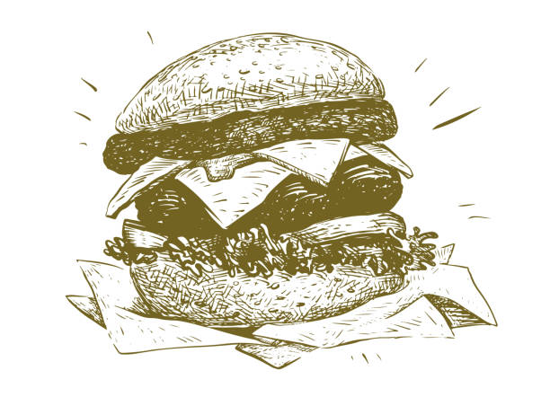 ilustraciones, imágenes clip art, dibujos animados e iconos de stock de dibujo de hamburguesa con queso - deli sandwich
