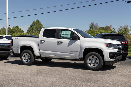 Noblesville - Circa May 2022: Chevrolet Colorado pickup display. Chevy offers the Colorado in the base LS, ZR2, Z71 and LT models.