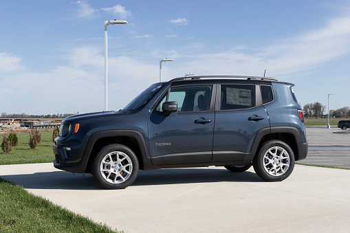 Tipton - Circa May 2022: Jeep Renegade display at a Stellantis dealership. Jeep offers the Renegade in Sport, Latitude, Trailhawk and Limited models.