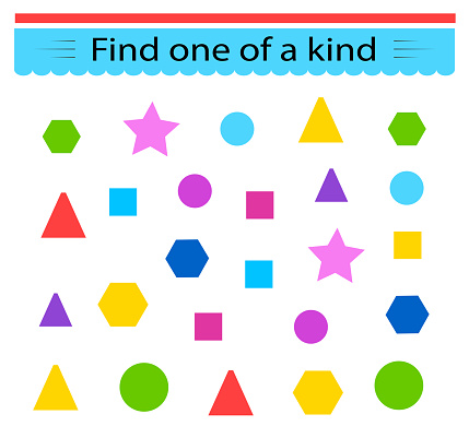 Educational game for kids. Need to find one of a kind geometric shape. Visual intelligence. Vector illustration.