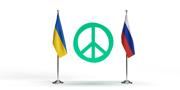 Ukraine - Russia Crimean Crisis Anti-War Peace Sign concept: Russian flag and Ukrainian flag. Green international circle peace icon in 3D rendering. Poster template on white background with copy space. Illustration for web banner, media, ads. Geopolitical military conflict.