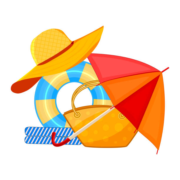 пляжный зонт, шапка, капот, сумочка, полотенце и надувное колесо изолированы на белом фоне. - открытый бассейн stock illustrations